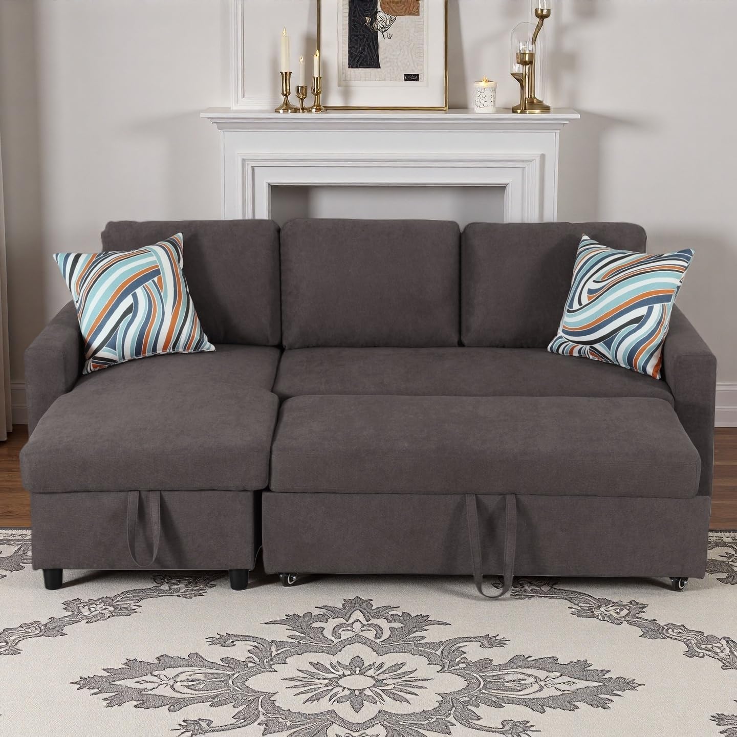 83 Inch Pull Out Couch, Convertible Sofa Bed for Living Room, Comfortable Sleeper Sofa with Pull Out Bed, Modern Sectional Couches with Storage Chaise, Easy Assembly for Apartment, Dark Brown