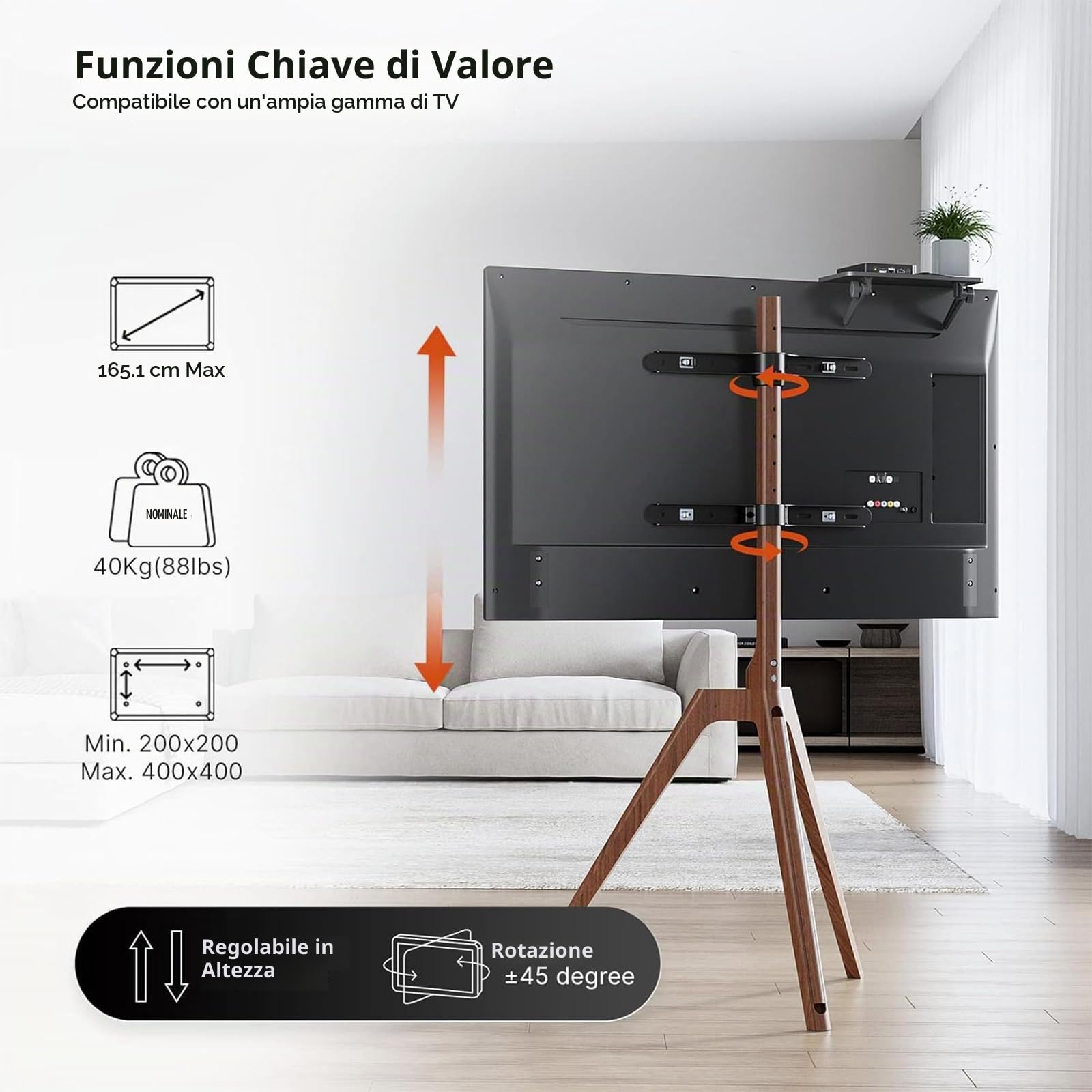 Tripod Supporto TV Universale, PUTORSEN Supporto a Pavimento Cavalletto da TV 45-65 Pollici con mensola TV, girevole e Adattabile in Altezza, Max. Vesa 400 x 400, che Regge fino a 40 kg