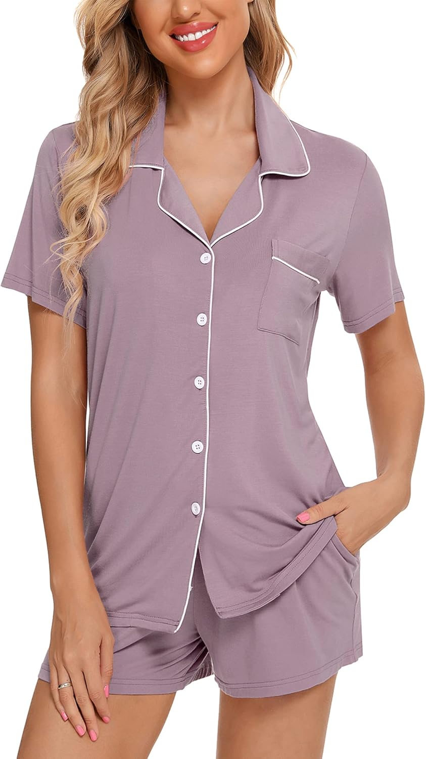 Pjmlifecoco Women's Modal Pajama Set Short Sleeve Button Down Two Piece Soft Sleepwear with Shorts Loungewear S-XXL