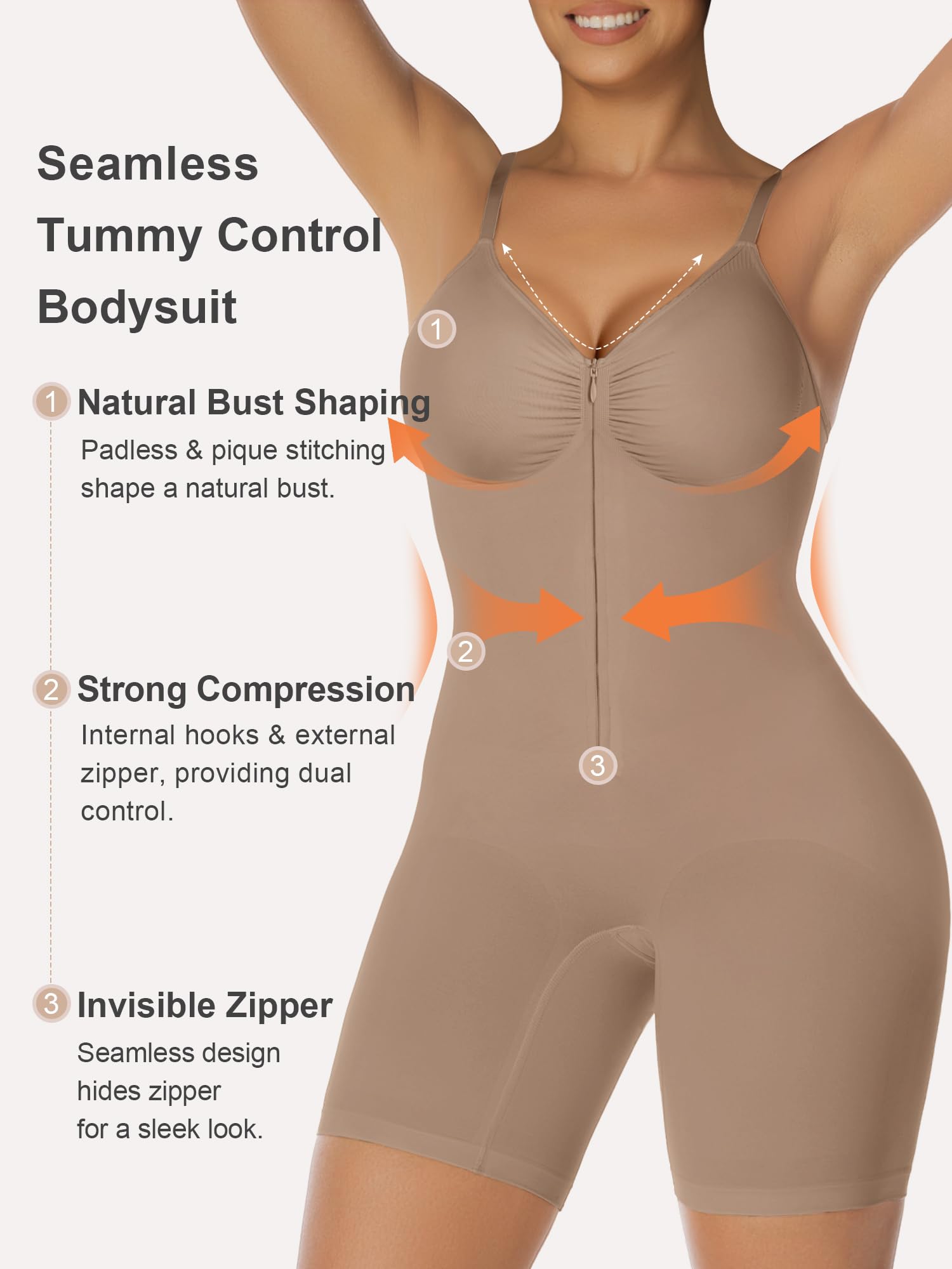 SHAPERX Body Moldeador Mujer con Cremallera y Ganchos, Shapewear de Fuerte Compresión Control Abdomen, Seamless Invisible, Faja Reductora Cintura para Uso Diario y Fiesta