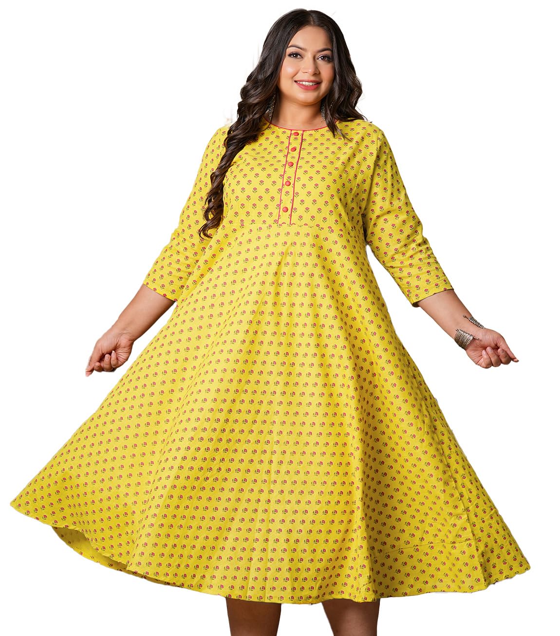 Yash GalleryWomen's Cotton Button Down Round Neck 3/4 Sleeve Calf Length Indian Anarkali Kurta Dresses For Summer