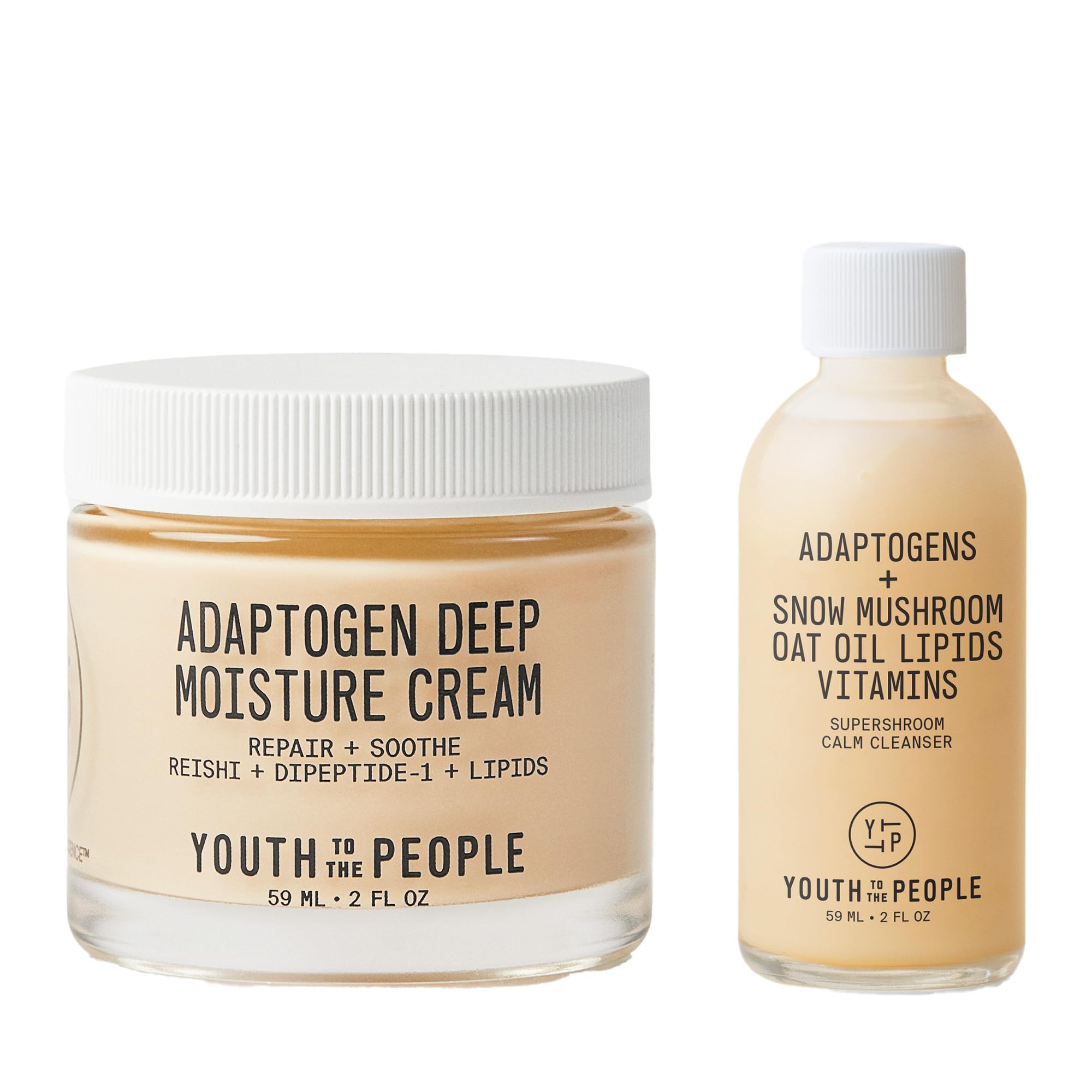 Adaptogen Skincare Bundle for Dry + Sensitive Skin - Adaptogens Supershroom Calming Facial Cleanser (2oz) + Adaptogen Skin Repairing Face Moisturizer with Peptides (2oz) - Vegan