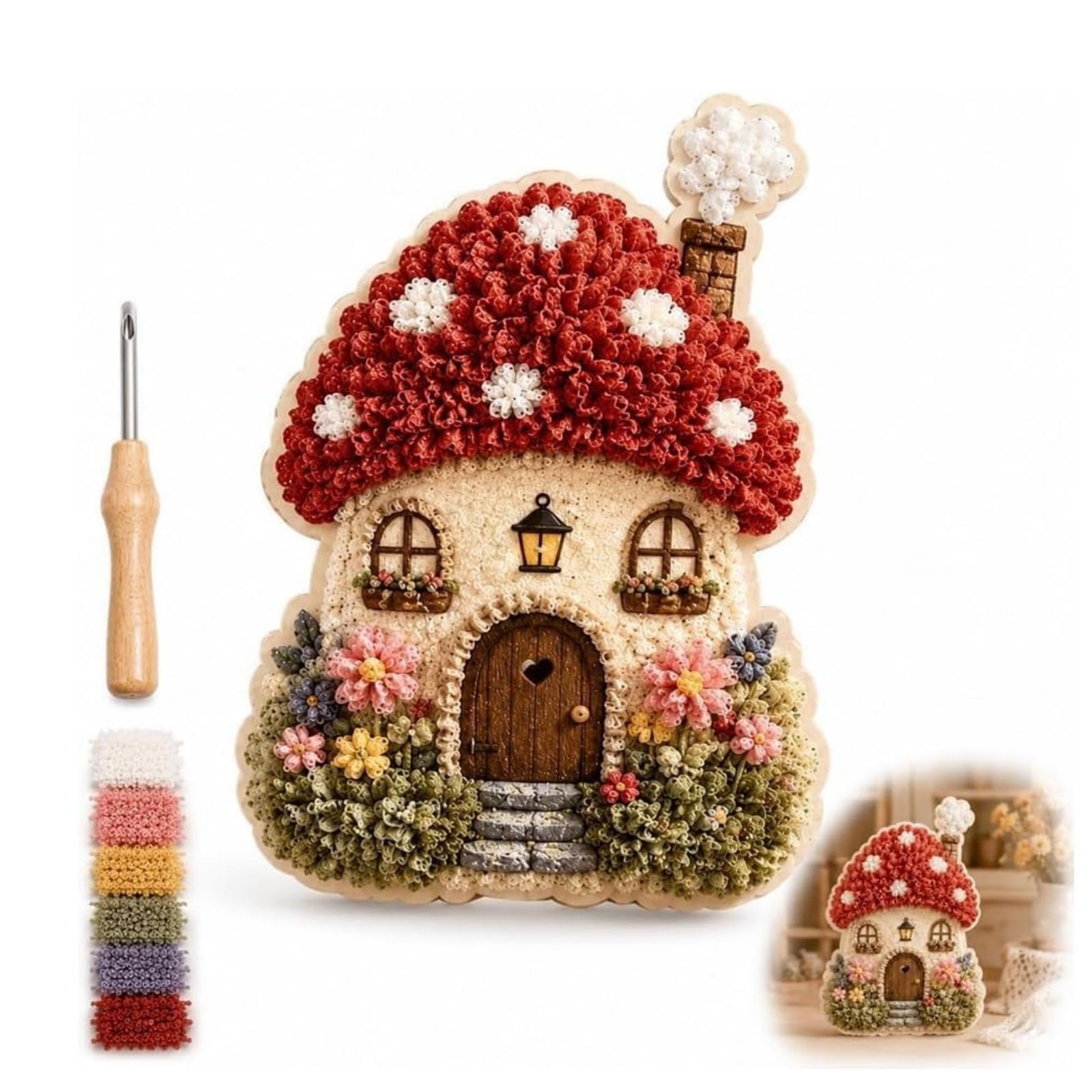 Whimsical Village 3D Fabric Poke Art Kit, Floral Mushroom Cottage (#D)