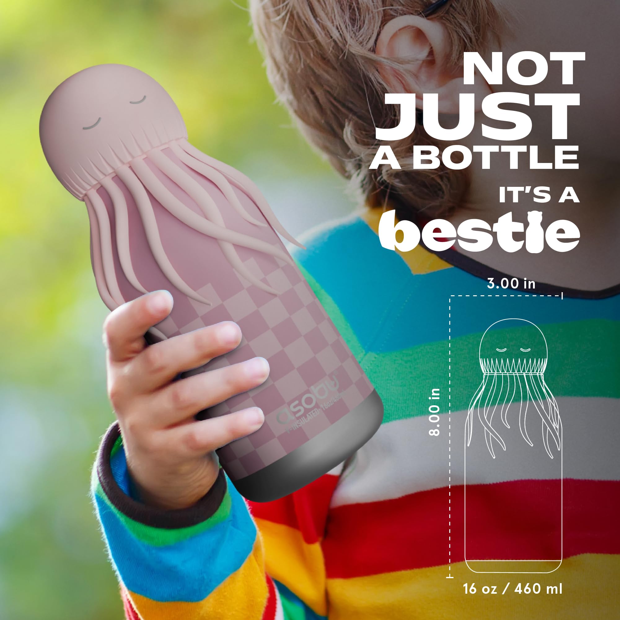 ASOBU Bestie Gourde isotherme en acier inoxydable pour enfant avec paille - 420 ml - Avec tête de méduse - Anti-fuite et sans BPA