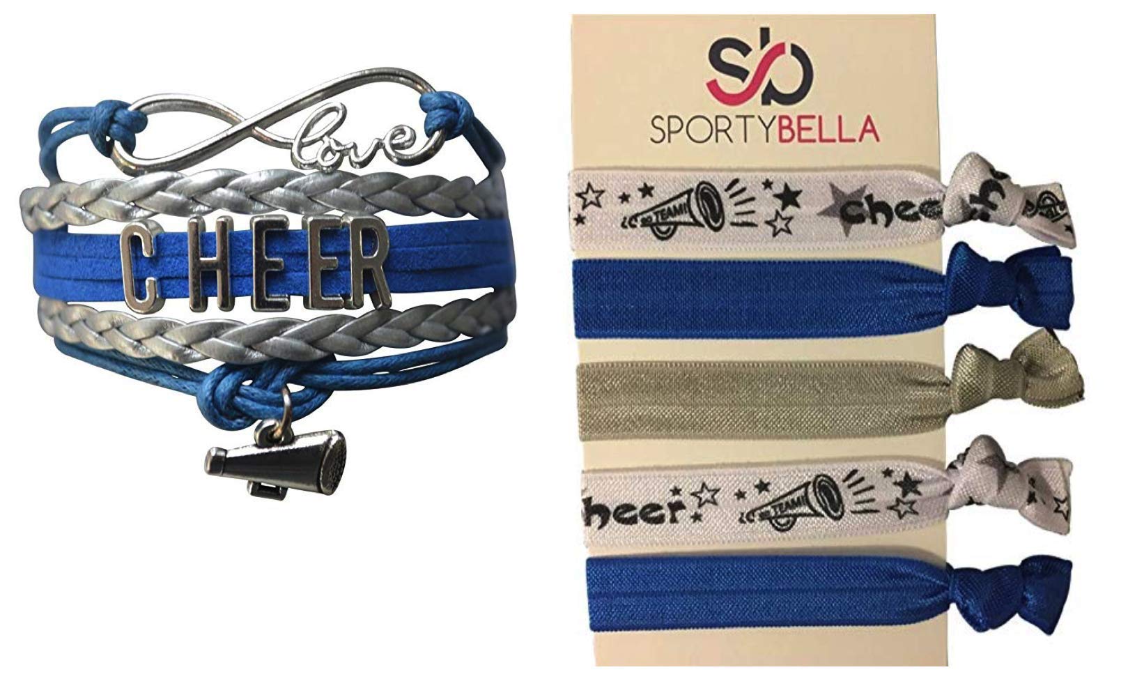 Cheer Hair Ties and Cheer Charm Bracelet Set (Blue Megaphone) - a Combination of Cheerleading Hair Accessories for Girls and Adjustable Bracelets for