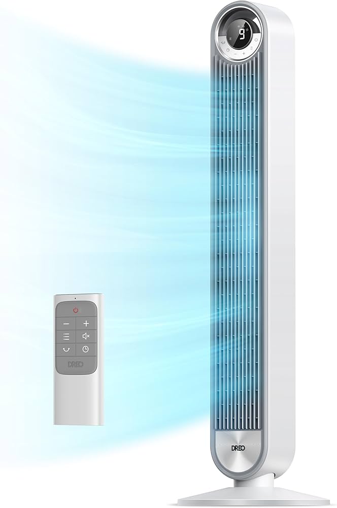 Dreo Tower Fan for Bedroom, Upgrated DC 9 Speeds Ultra-Quiet Floor Fan, 90° Oscillating Fans for Indoors with 28ft/s Velocity, 12H Timer, Standing Fans, Bladeless Fan Powerful for Home Office Room