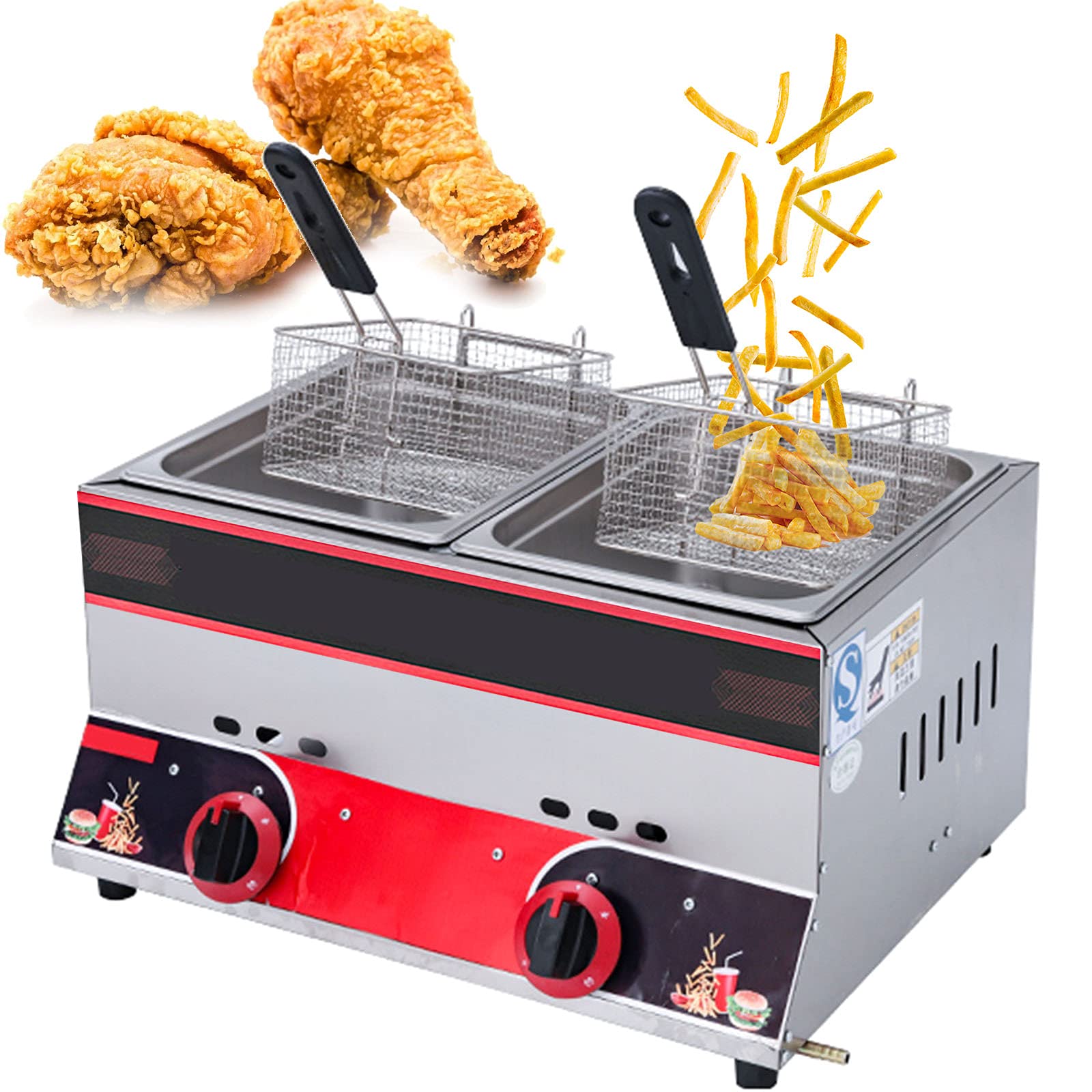 IUokLU Commercial Gas Fryer,Independent Temperature Control Fryer,22L Large Capacity Double Fryer,Stainless Steel Countertop Fryer (Gas)