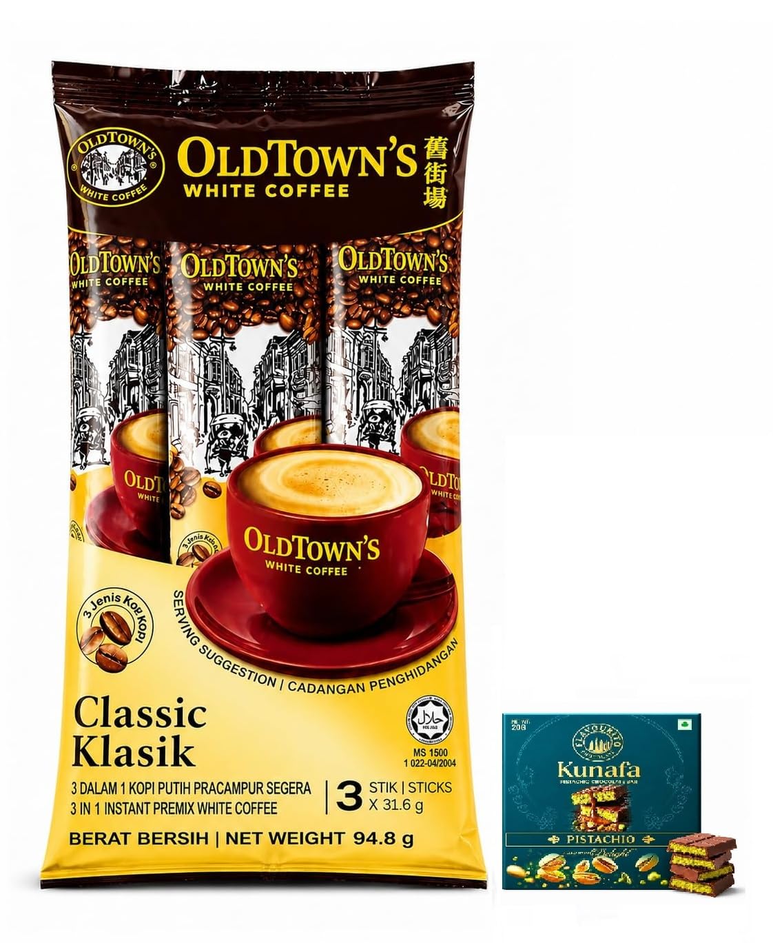 OldTown's White Coffee 3 in 1 Instant Premix, 3 Sticks x 31.6g, Net Weight 94.8g With Free Flavourito Kunafa Chocolate 20g By Decadent Foods-image-37
