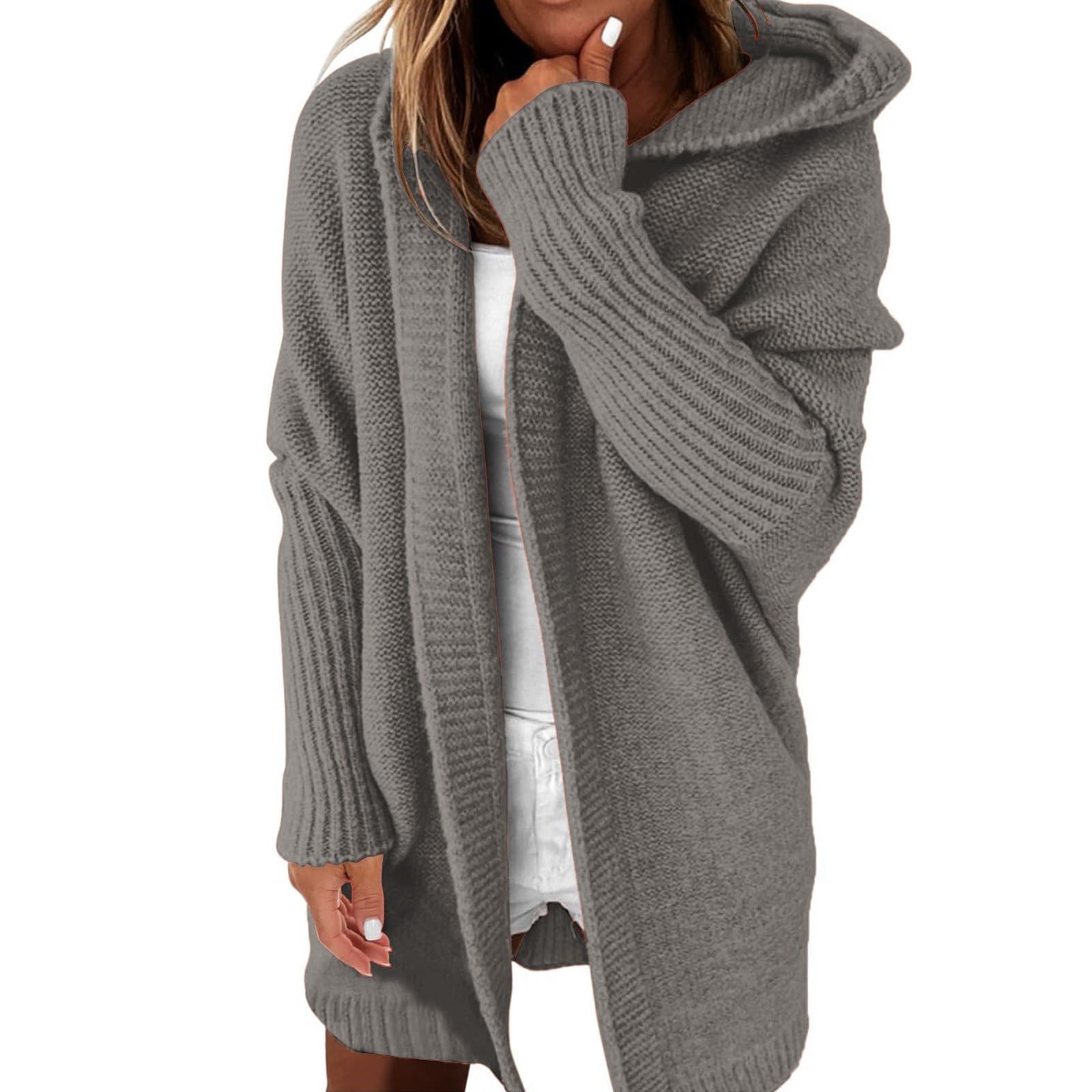 GOKKILRW Plus Size Womens Cardigans Open Front Long Sleeve Spring Fall Knit Warm Long Hooded Cardigan Coats Lounge