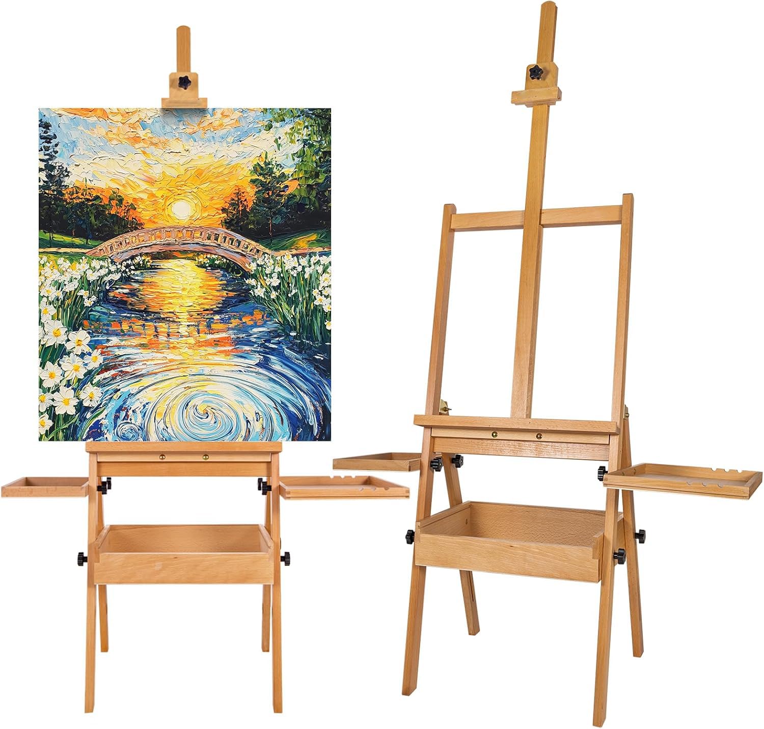 Large Wooden H-Frame Studio Easel with Storage Drawer and Palettes, Solid Beechwood Painting Easel for Students, Beginners, and Artists, Hold Canvas to 36Inches High