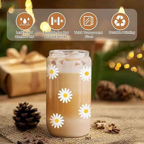 Miniatura 3 de GSPY Regalos estéticos de margaritas, taza de café helado, bonitas tazas de vidrio con tapas y pajitas, bonitas tazas, tazas de flores, vaso de