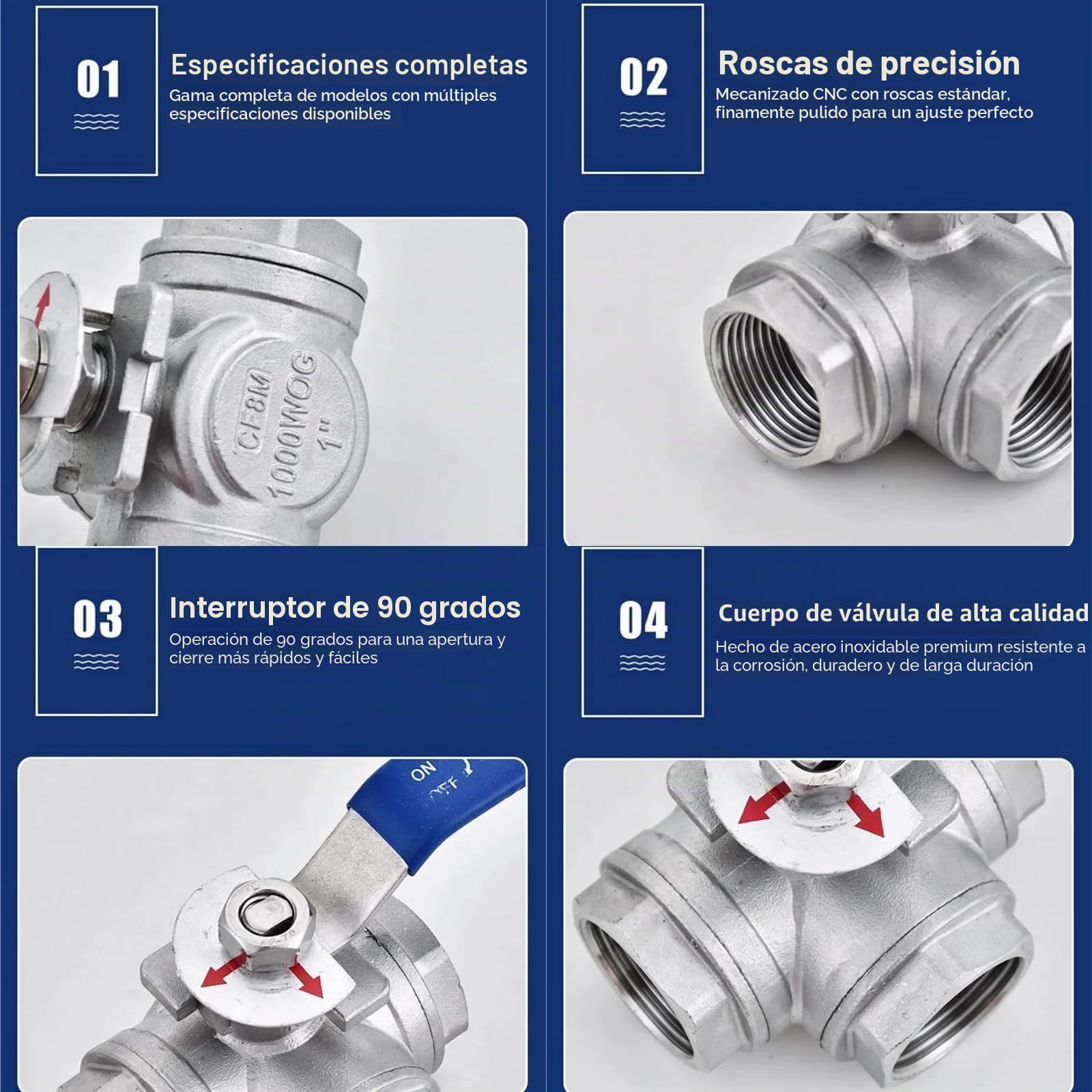 Válvula Bola 3 Vías Acero Inoxidable, SUS304 Válvula de Bola Tipo de Tubería de Rosca Hembra Tipo L de Tres vías Rosca Hembra 1 "DN25 para Agua, Aceite, Gas