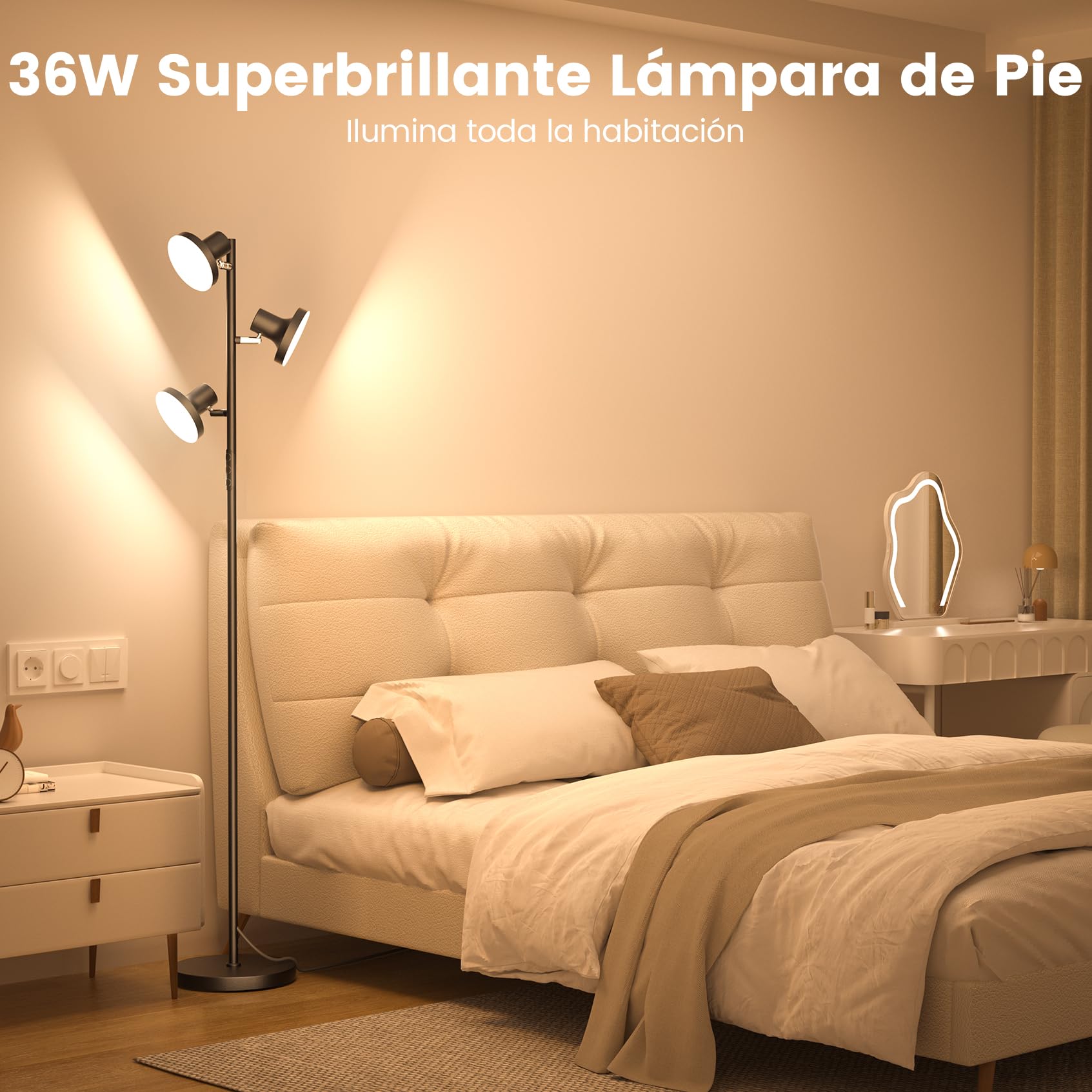 SIBRILLE Lampara de Pie Salon 36W/2500LM, Lámpara de Pie LED Regulable con Mando a Distancia & Control Táctil, 4 Temperaturas de Color, 3 Luces Giratorias Luz de Pie para Salón, Habitación y Oficina