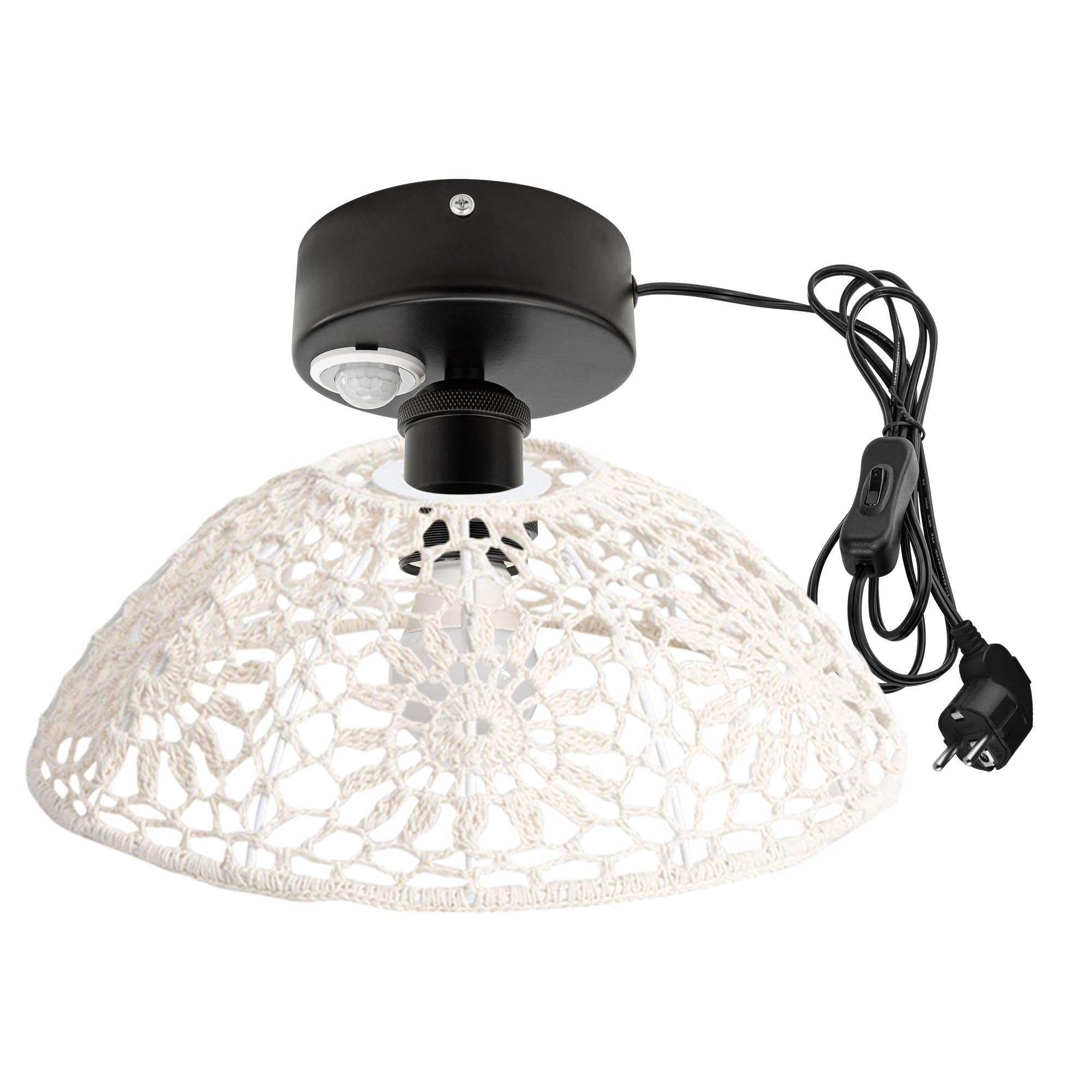 Lampada da soffitto con sensore di movimento interno, stile boho rattan, lampada da soffitto radar, sensore di movimento con cavo da 4,5 m e portalampada E27, per corridoio, bagno, scale,