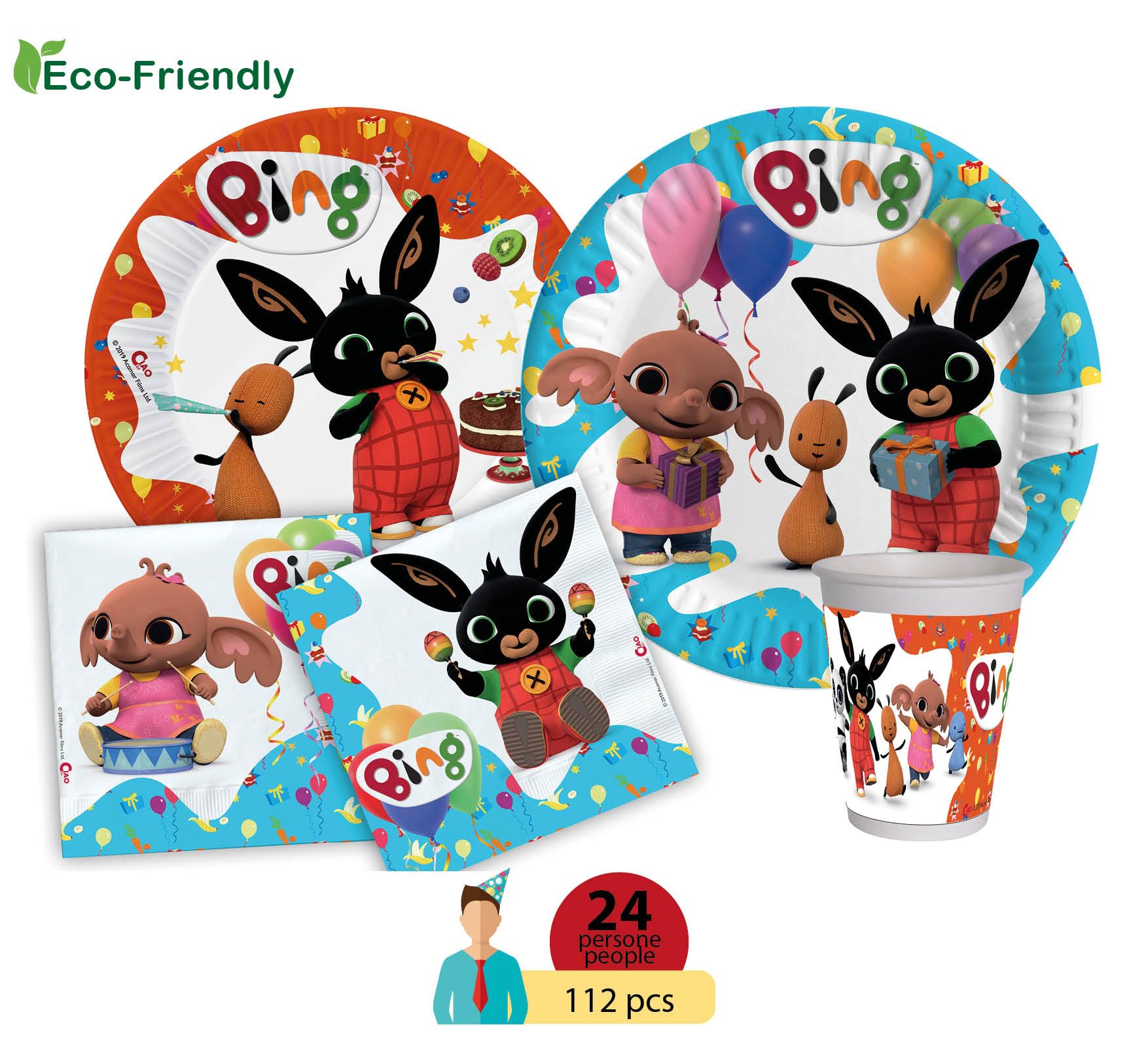 Kit Party Tavola Bing per 24 persone (112 pezzi: 24 piatti Ø23cm, 24 piatti Ø18cm, 24 bicchieri 250ml, 40 tovaglioli 33x33cm) in carta compostabile eco-friendly