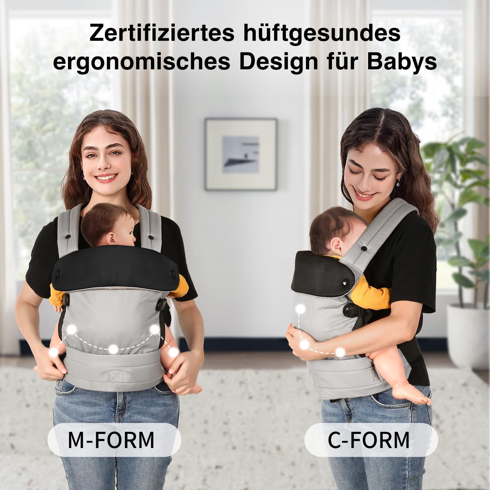 Babytrage für Neugeborene bis Kleinkinder, Ergonomische Bequeme und Leichte Tragetuch, Verstellbare Kopf- und Nackenstütze, Verbesserte Lendenwirbelstütze für Babys 4-20 kg 3-36 Monate, Grau