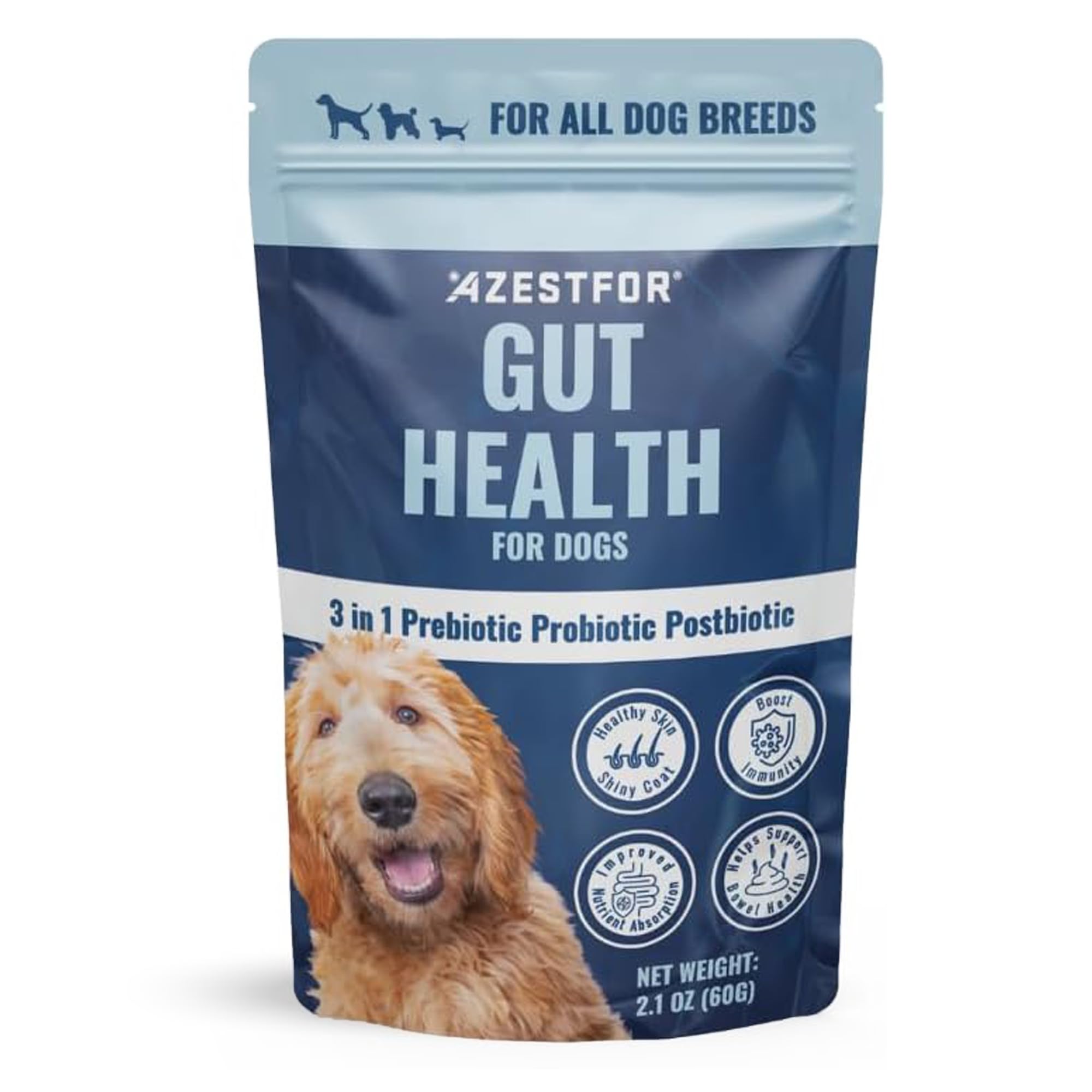 Azestfor Gut Health Supplement for Dogs – 3 in 1 Probiotic, Prebiotic & Postbiotic Blend – Supports Digestion, Immunity & Skin – Easy-to-Use Powder – for All Breeds & Sizes – 60g (30 Servings)
