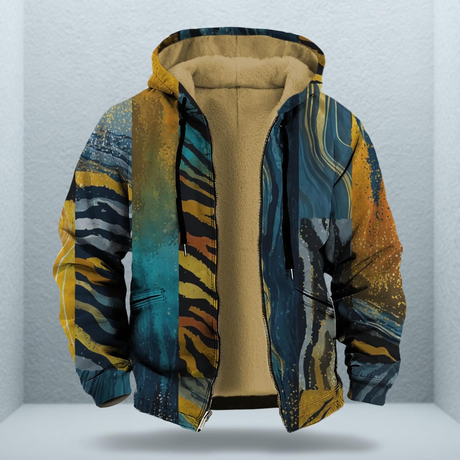 Mens Winter Coats Long Sleeve Sherpa Fleece Lined Full Zipper Retro Ethnic Print Big And Tall Fashion Warm Coat - Image 2