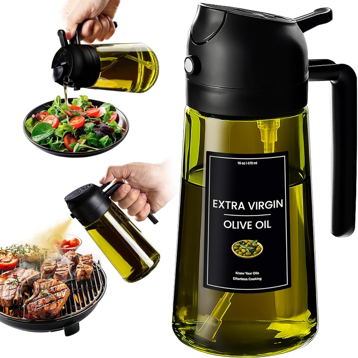 CXINYI - 16oz/470ml Olive Oil Dispenser for Kitchen with Stickers - 2 in 1 Olive Oil Sprayer for Cooking, Air Fryer, and Salad, Black (Light-Proof Kitchen Gadget)