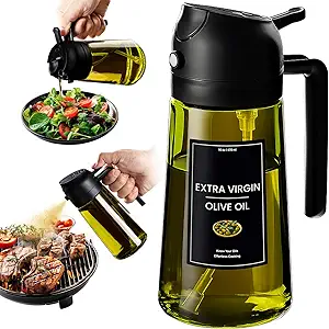 CXINYI - 16oz/470ml Olive Oil Dispenser for Kitchen with Stickers - 2 in 1 Olive Oil Sprayer for Cooking, Air Fryer, and Salad, Black (Light-Proof Kitchen Gadget)