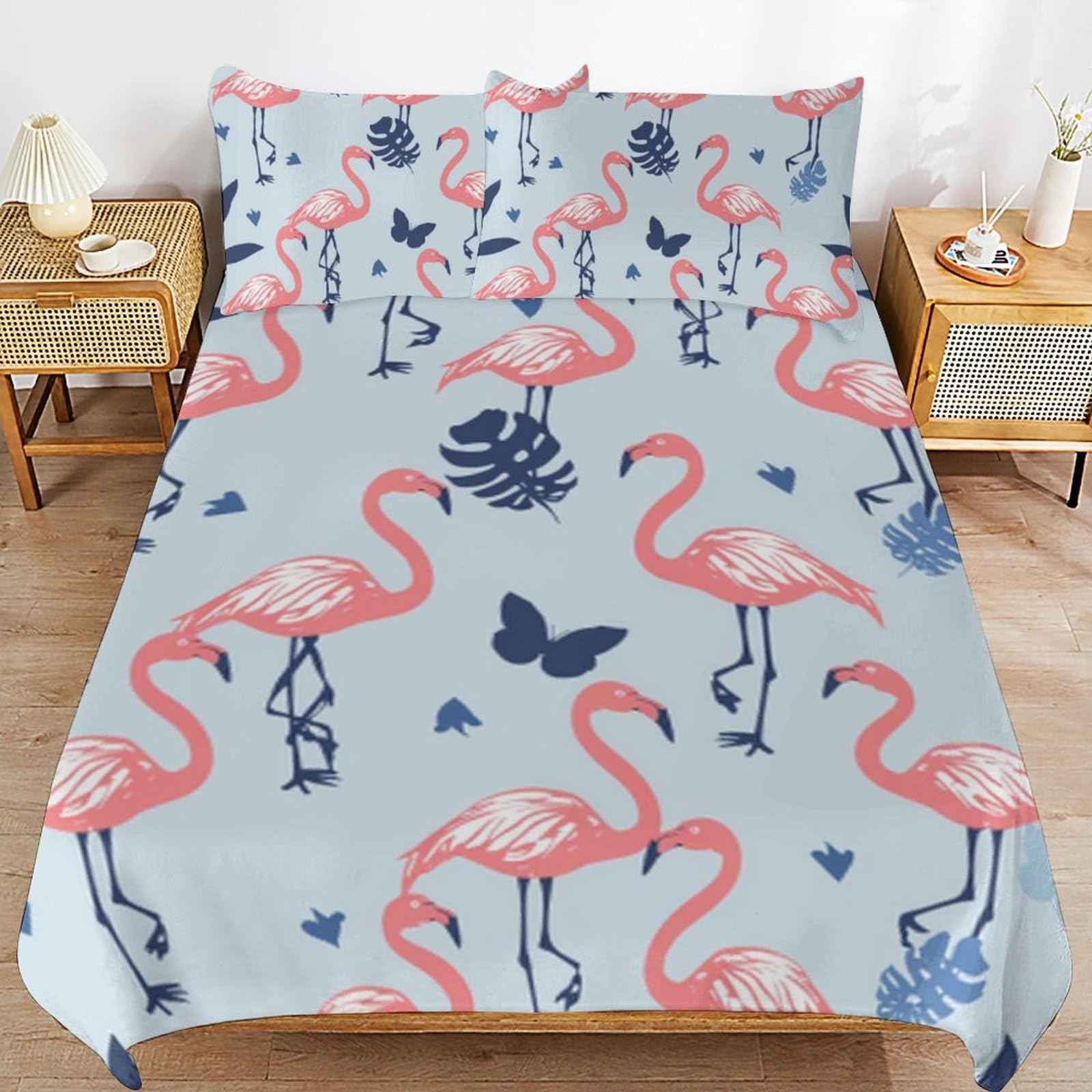 Ropa de cama de flamencos de microfibra con dos fundas de almohada infantiles