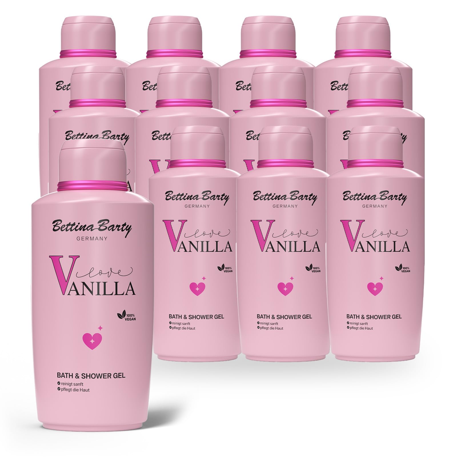 Bettina Barty Love Vanilla Bath & Shower Gel 12 x 500 ml – Duschgel mit süß-warmem Vanilleduft – Feuchtigkeitsspendende Pflege für alle Hauttypen