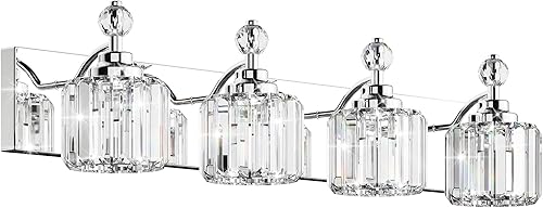 Espird Moderna lámpara de cristal para tocador de baño, 4 luces, accesorios de iluminación de acero inoxidable sobre el espejo, luces cromadas para
