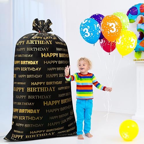 Miniatura 5 de Leinuosen 2 bolsas de regalo grandes de 70 pulgadas, color negro y dorado, bolsas de regalo de plástico de gran tamaño con cuerdas para fiestas de