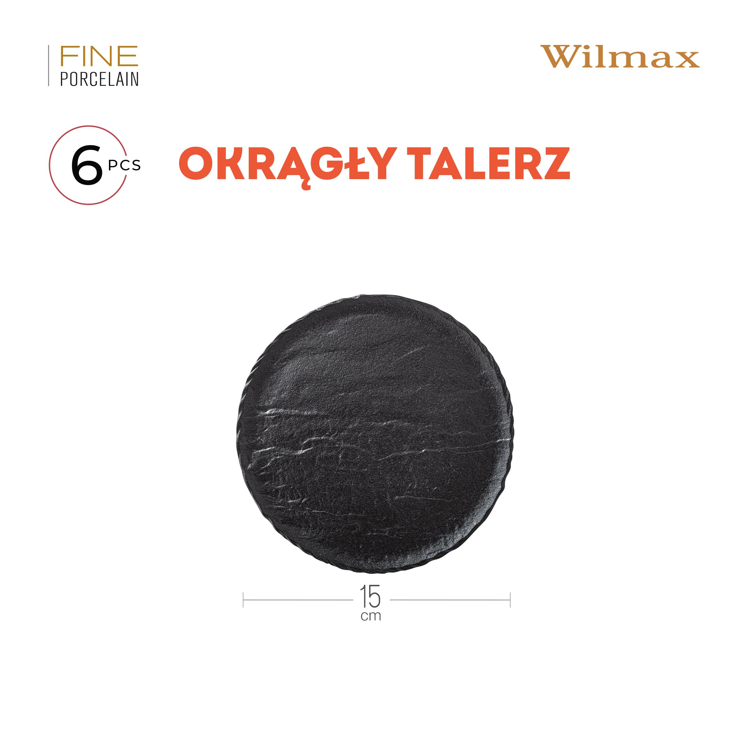 Wilmax talerze - 6 sztuk z porcelany | czarne talerze obiadowe | imitacja kamienia | talerze obiadowe do różnych potraw, gospodarstwa domowego, gastronomii | glazurowane ręcznie | nadają się do mycia