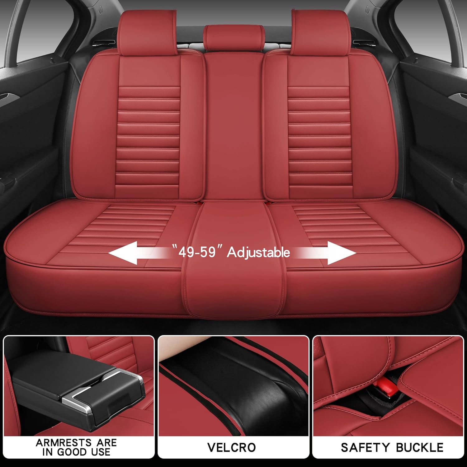Full Coverage Leather Car Seat Covers Full Set Universal Fit for Most Cars Sedans Trucks SUVs with Waterproof Leatherette in Automotive Seat Cover Accessories (Wine Red)