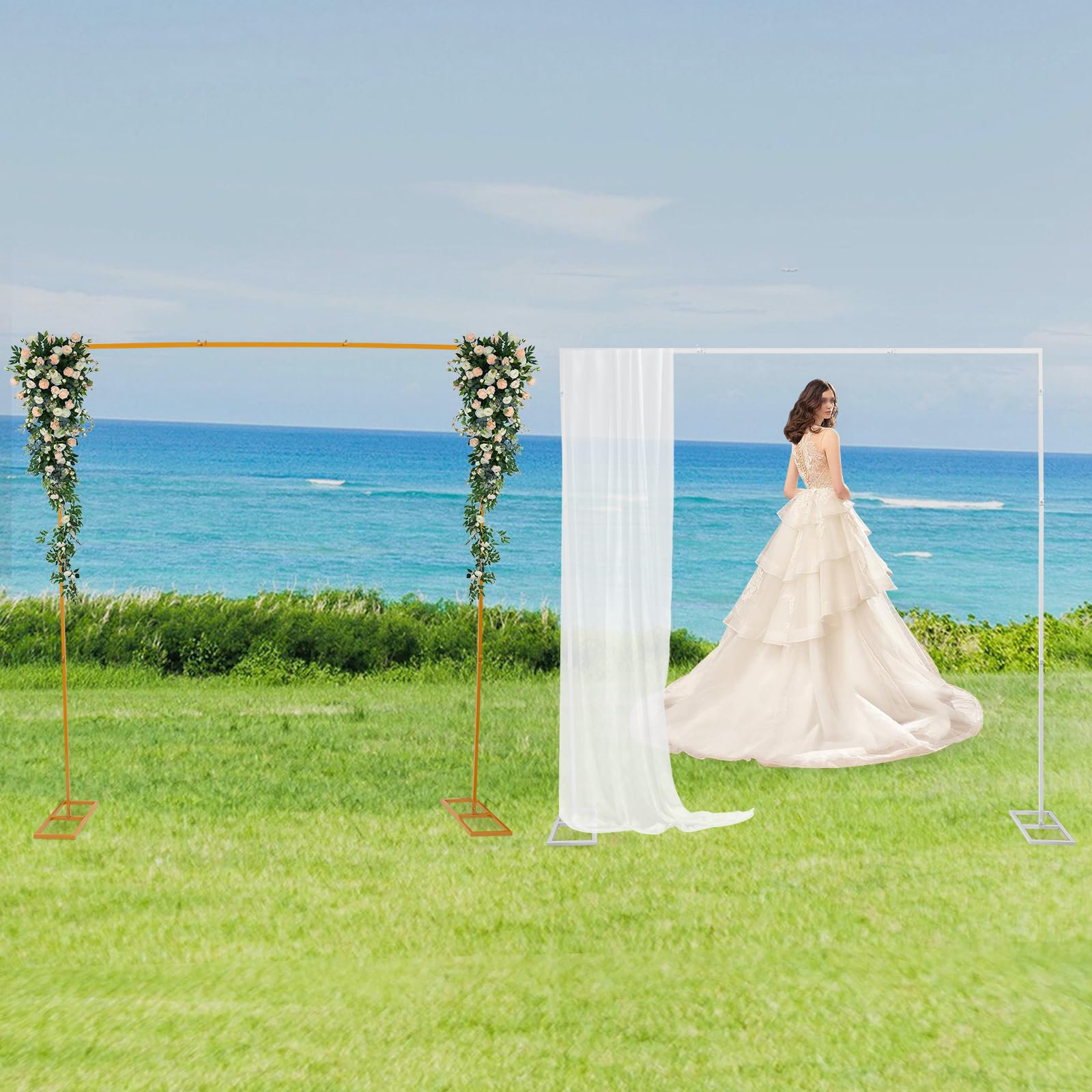 2,4 x 2,4 m, arco de boda, de metal, rectangular, para bodas, fondo, soporte para globos, soporte para boda, color blanco