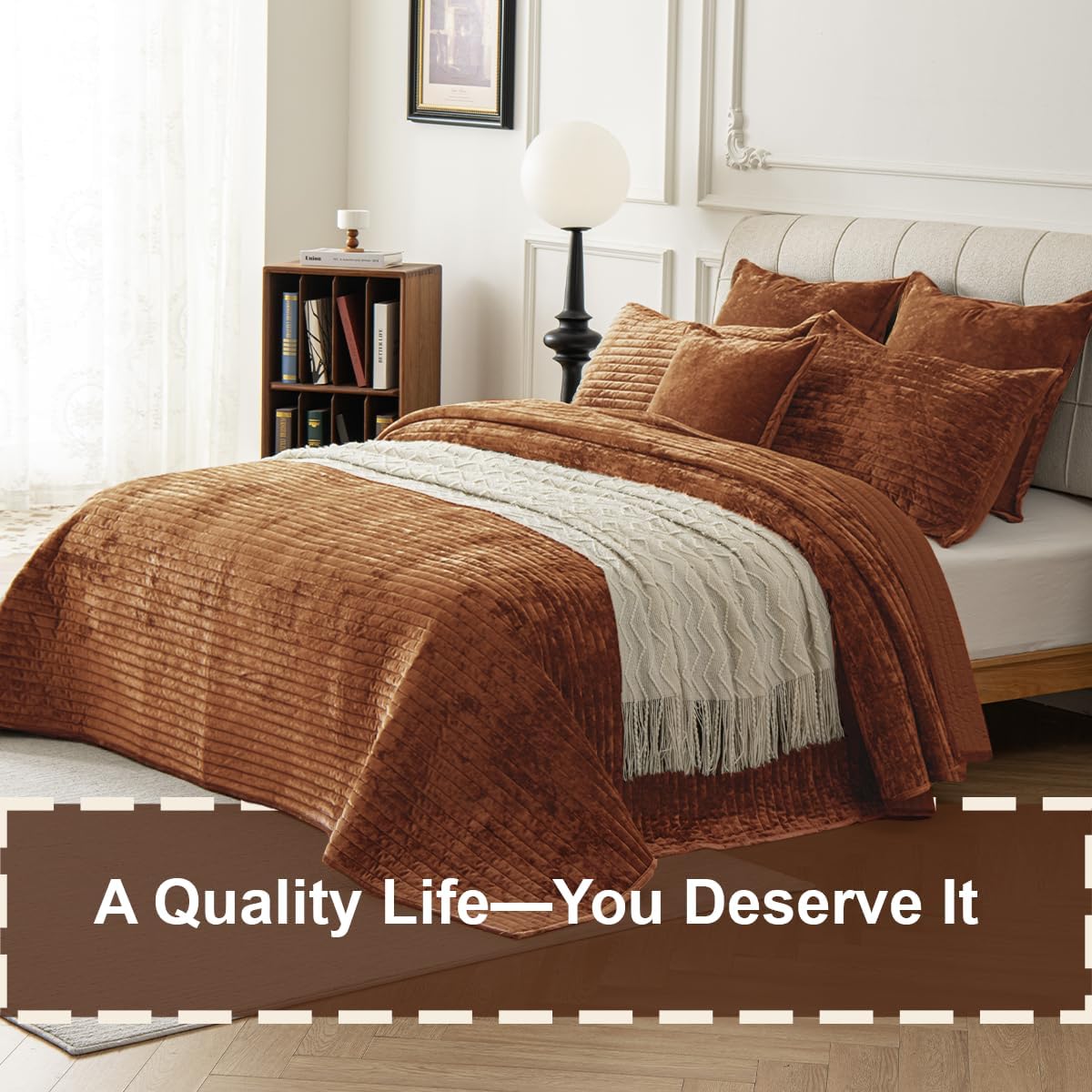 Velvet Oversized King Size Quilt Set 120x128 Soft Striped Bed Cover Set All Seasons Cozy Breathable Bedspread Includes 2 Pillowcases 20×36,Caramel