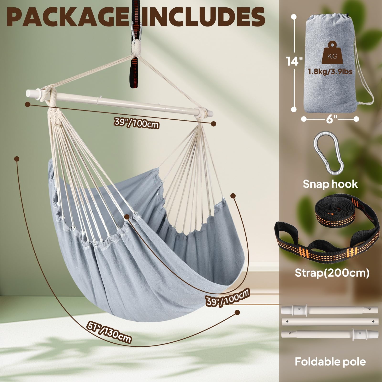 Chihee Sedie Sospese Sedia amaca Forte In metallo Collassabile Barra di diffusione Portatile Sedia appesa Massimo 227KG Seduta comoda Patio Miscela di cotone per Comfort superiore Durata nel tempo