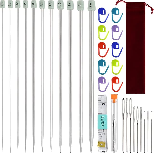 FEPITO Ensemble d'aiguilles de tricot en acier inoxydable, aiguilles de tricotage en métal pointé droit, 11 Taille de 2,0mm-8,0mm, 9.84 Longueur des pouces pour la main DIY Tricots