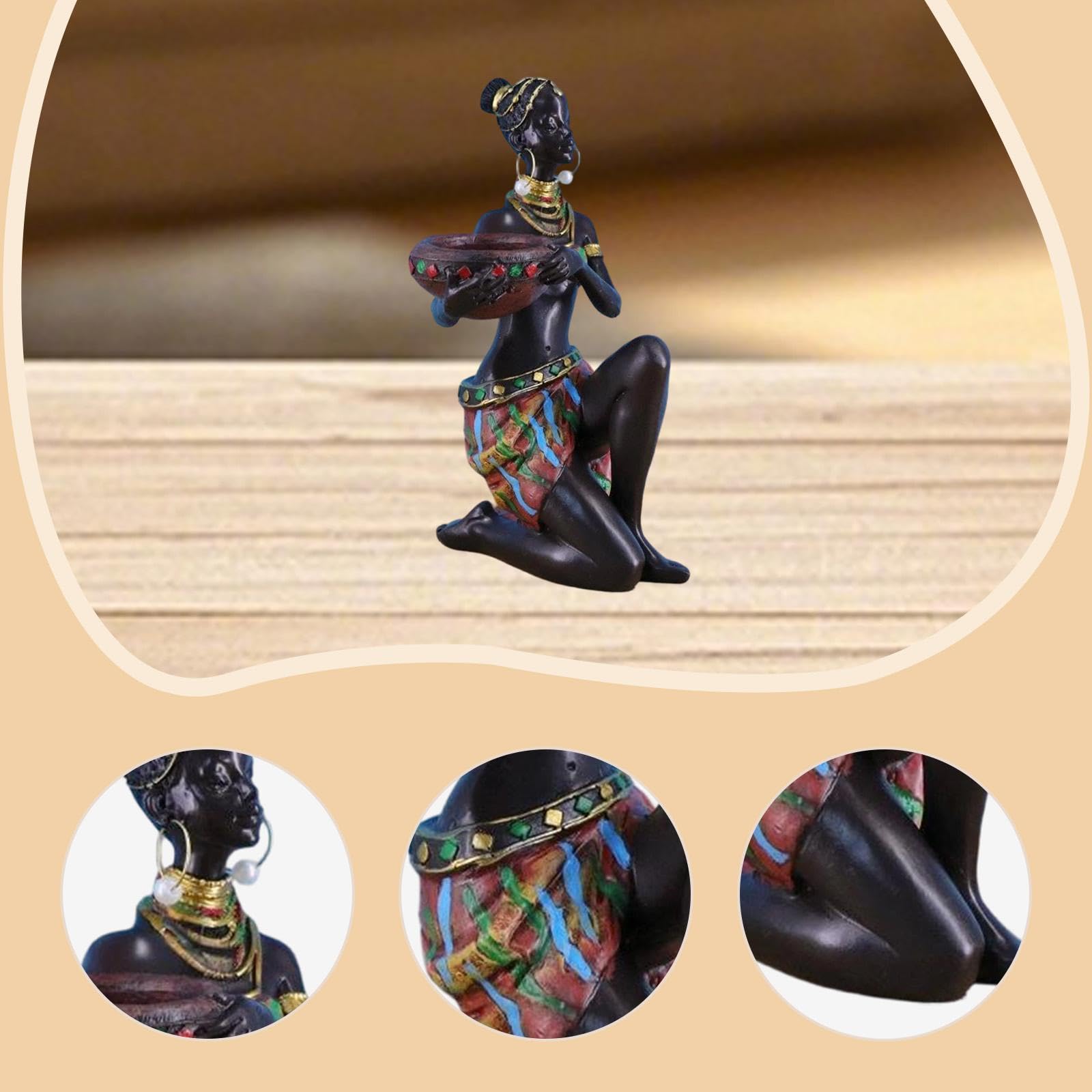 Figurina Mujer Africana Adorno Mesa Centro Figura Arte Tribal Soporte Vela Escultura de Resina Adecuada para Regalo Decoración Hogar Oficina Dormitori, Falda Marrón, Individual