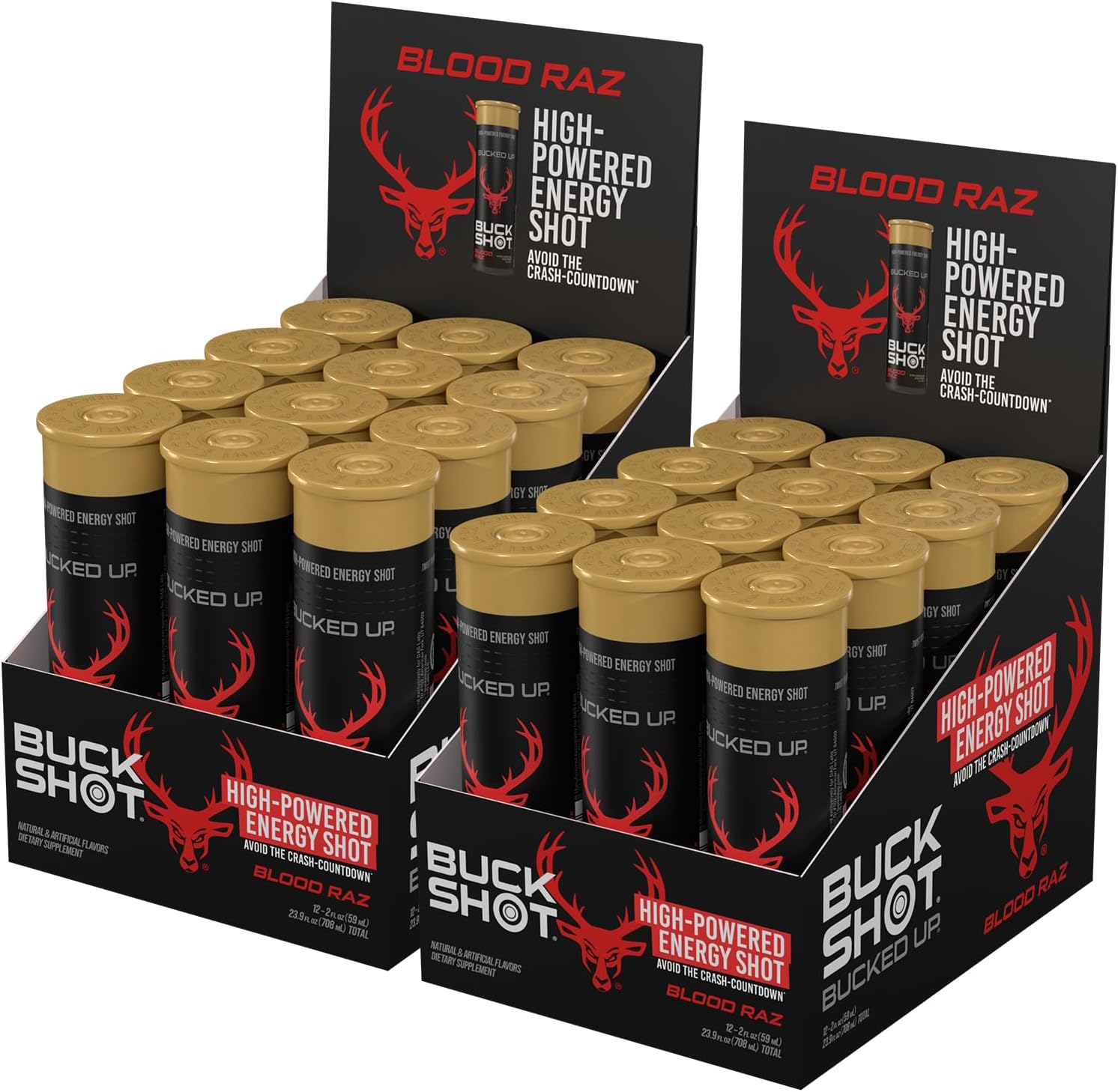 Bucked Up Buck Shot Energy Drink Shots | 200mg Natural Caffeine with Nootropic Blend | Non GMO Gluten Free Third Party Tested | Energy Focus Supplement | 24 Pack, 2x Cases of 12 | (Blood Raz)