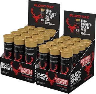 Buck Shot Energy Drink Shots | 200mg Natural Caffeine with Nootropic Blend | Non GMO Gluten Free Third Party Tested | Energy Focus Supplement | 24 Pack, 2x Cases of 12 | (Blood Raz)