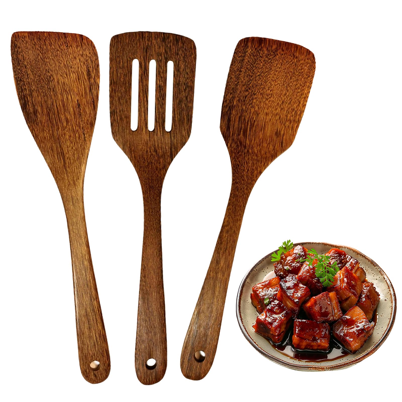 Set Di 3 Spatole In Legno D'Ulivo Per Cucina, Resistente Al Calore, Con Manico Lungo - Palette Per Mescolare E Servire
