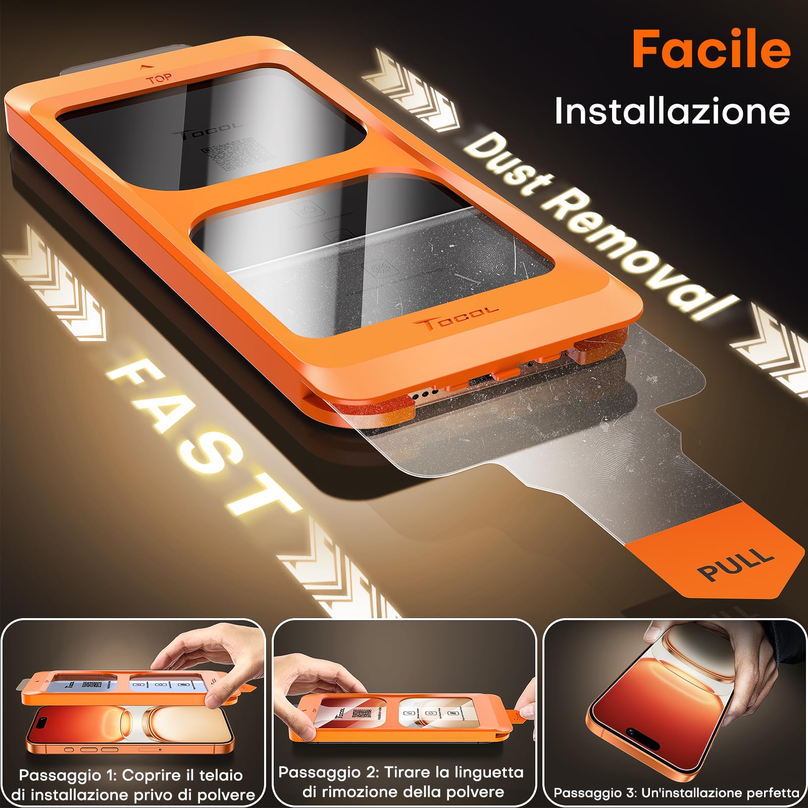 TOCOL Pellicola Vetro Temperato per iPhone 17 Pro Max/iPhone 16 Pro Max, Rimozione Automatica Della Polvere, Senza Bolle, Durezza 9H, Copertura Completa, Compatibile con Custodie, 2 Pezzi