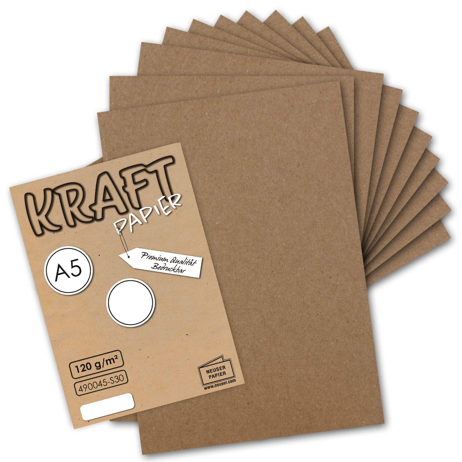 NEUSER PAPIER Carta kraft vintage marrone, 250 fogli, formato DIN A5, 120 g/m², 21 x 14,8 cm, carta riciclata 100% ecologica, carta da lettere