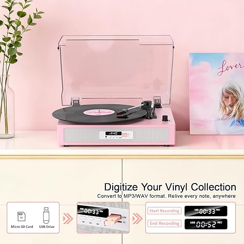 Miniatura 4 de Tocadiscos rosa con altavoces, tocadiscos de vinilo Bluetooth de 3 velocidades por correa, reproducción y grabación USBTF, RCA y AUX, pantalla LED y