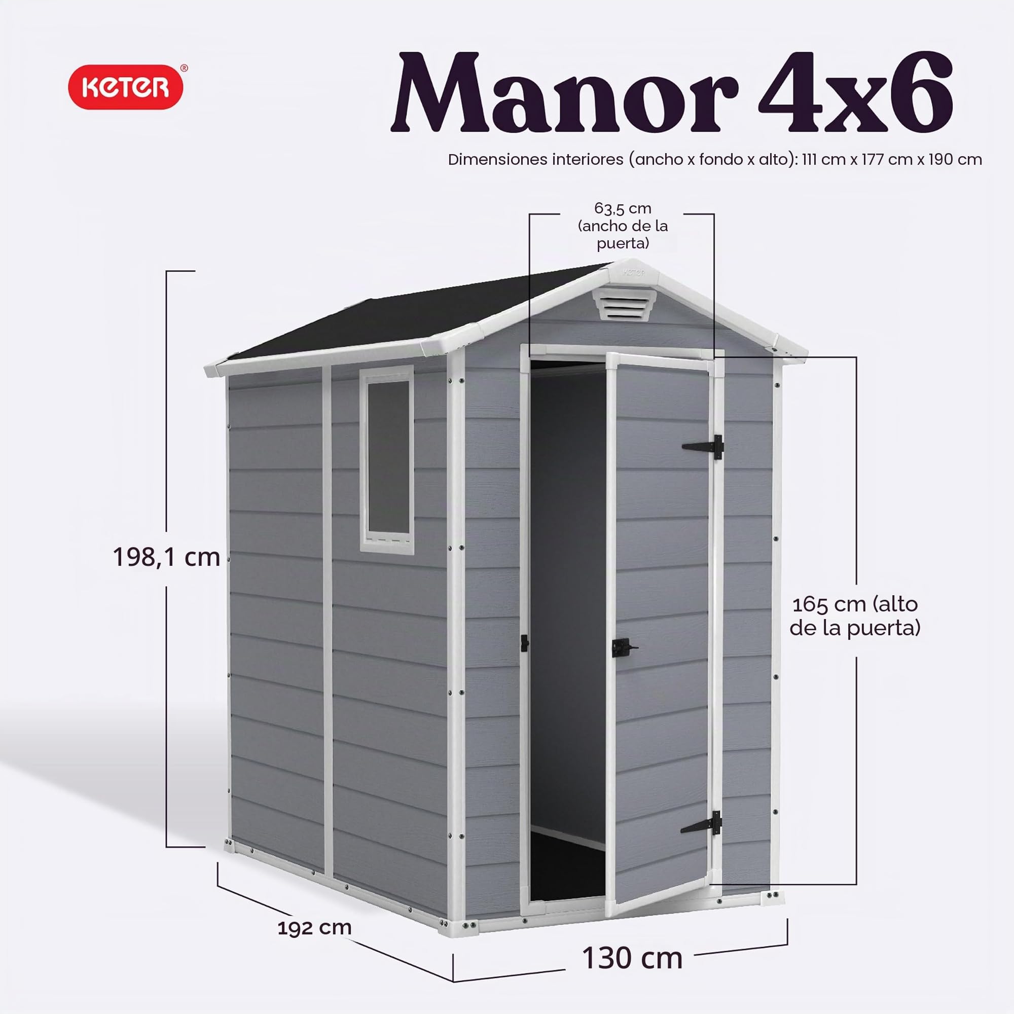 KETER Manor - Cobertizo de almacenamiento exterior, fabricado en resina, ideal para guardar muebles y herramientas de jardín, accesorios de bicicletas, sillas de playa, un cortacésped (gris y blanco, 1,22 x 1,83 m)