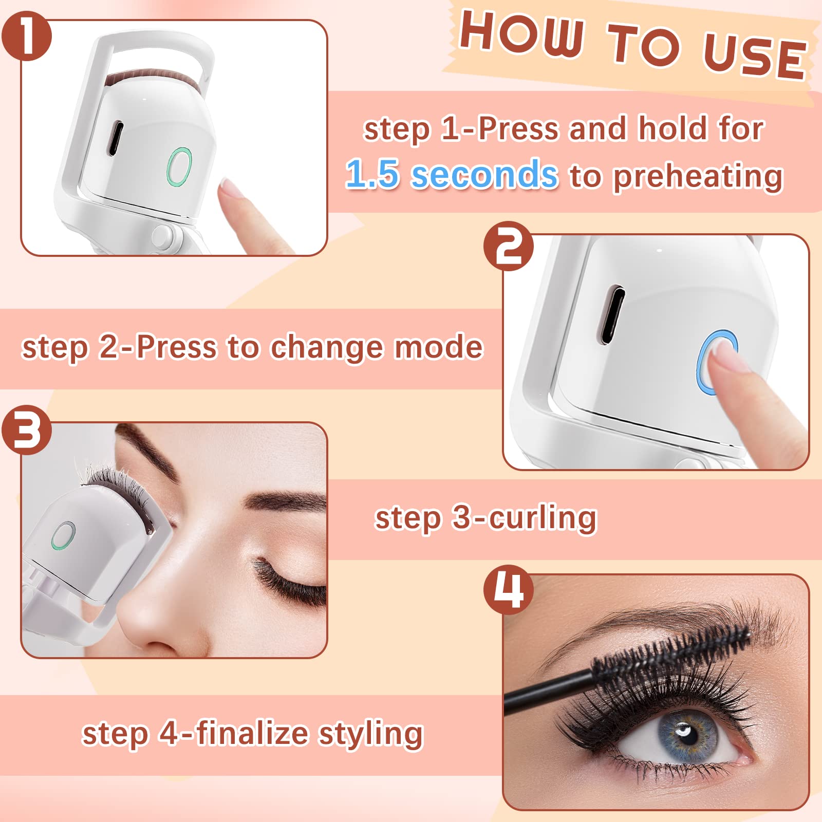 Amylove Heated Eyelash Curler Electric Rechargeable USB Travel Portable Lash Curler White Metal
