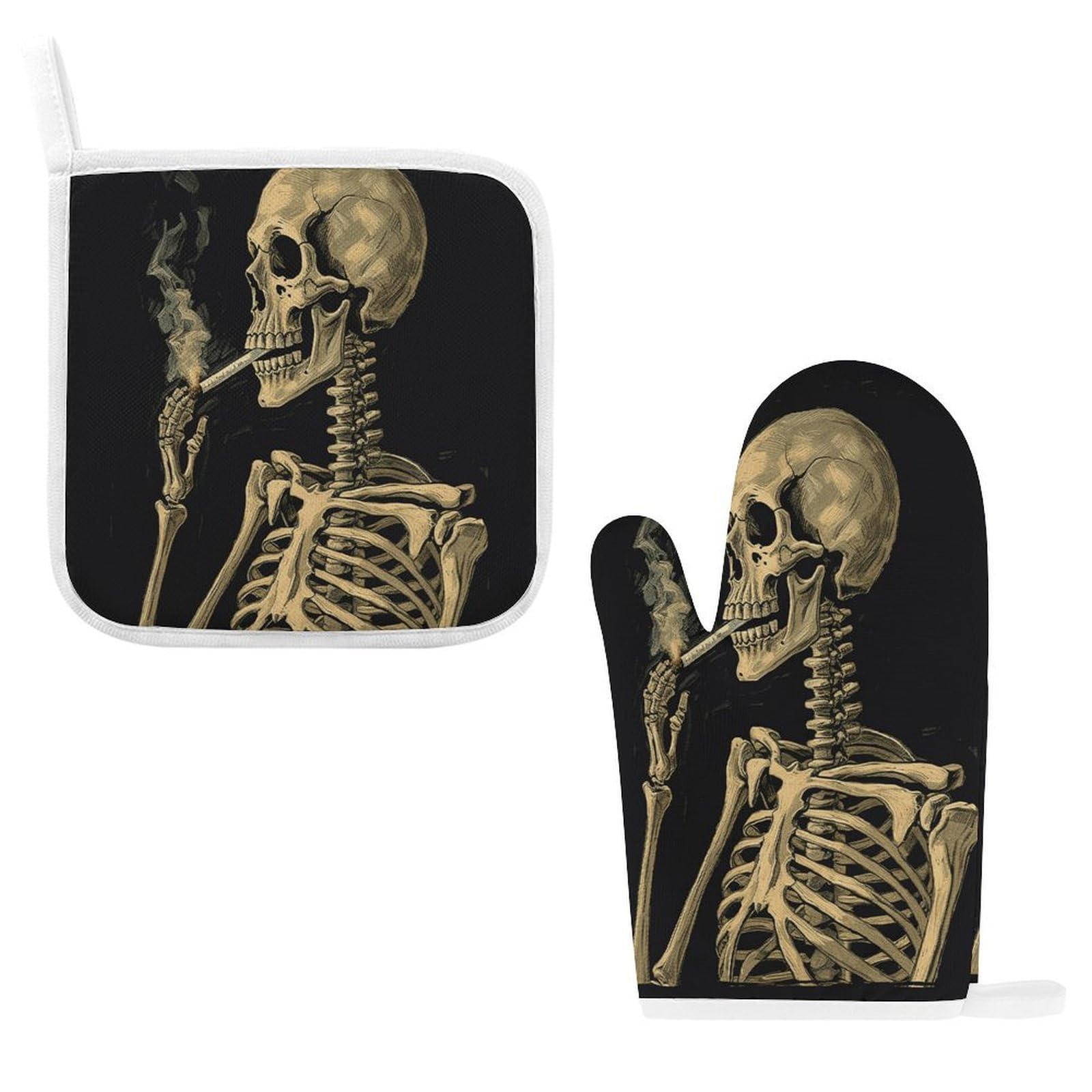 Btcowzrv Style A Skeleton With Burning Cigarette Oven Mitts And Pot Holders 2Pcs Set