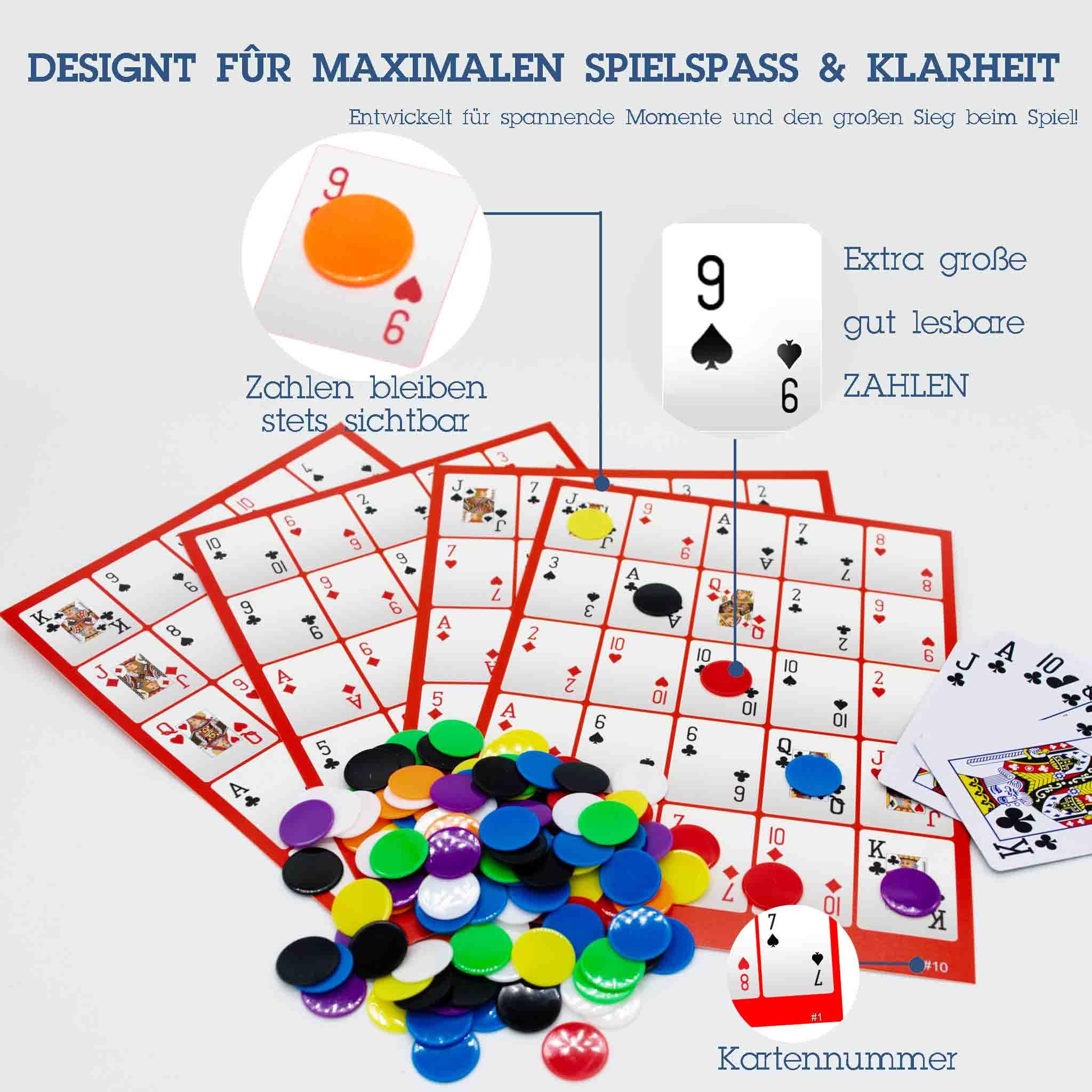 Juego de bingo Pokeno Poker: 48 tablas de doble cara (50 diseños únicos), más de 1000 fichas, 2 barajas de cartas de póquer impermeables. Diversión nocturna de casino familiar