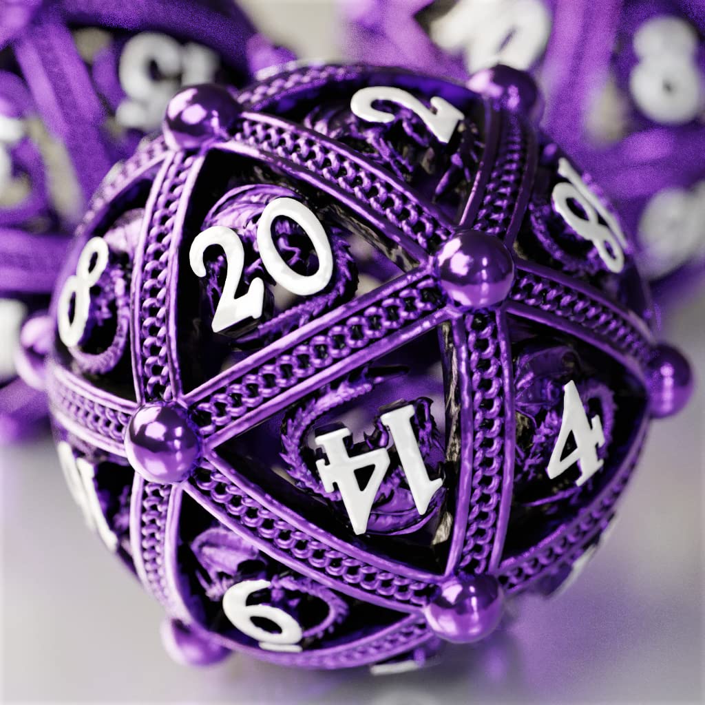 Metal DND Dice Set - Unique Round Hollow Orb Design for Better Rolling - Beautiful Dragon Set for Role Playing Games (RPG) - Stunning D&D Dungeons and Dragons Dice (Purple)