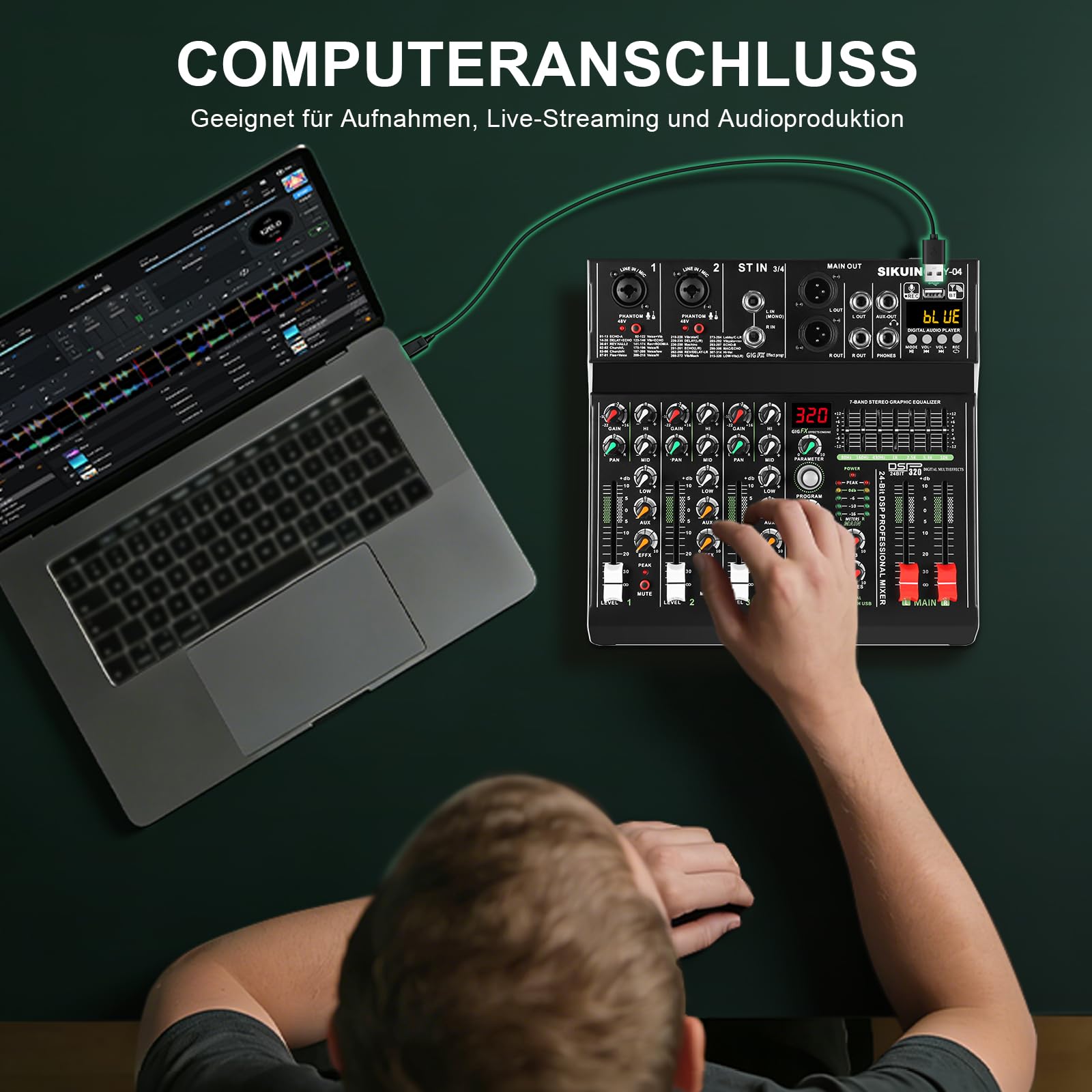 Mixer portatile a 4 canali, mixer audio professionale, 320 effetti DSP + equalizzatore a 7 bande, scheda audio Bluetooth + interfaccia USB, ideale per registrazioni PC, effetti karaoke studio e