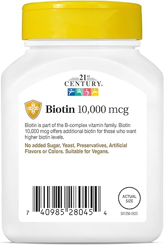 Miniatura 10 de 21st Century Biotina - Tabletas de 10,000 mcg (360 unidades), suplemento de biotina de alta potencia, apoya la salud del cabello, la piel y las