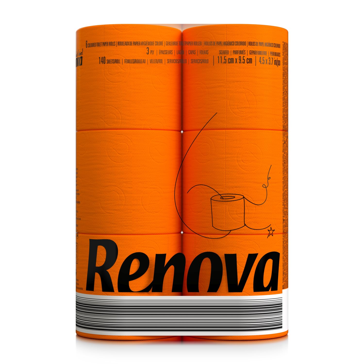 Renova 6 Pack Orange Toilet Paper Orange Luxurious Soft and Absorbent Bathroom Tissue – 6 Roll Pack with 140 Sheets Per Roll, Dermatologically Tested, Colorfast Design, Premium Quality Virgin Pulp