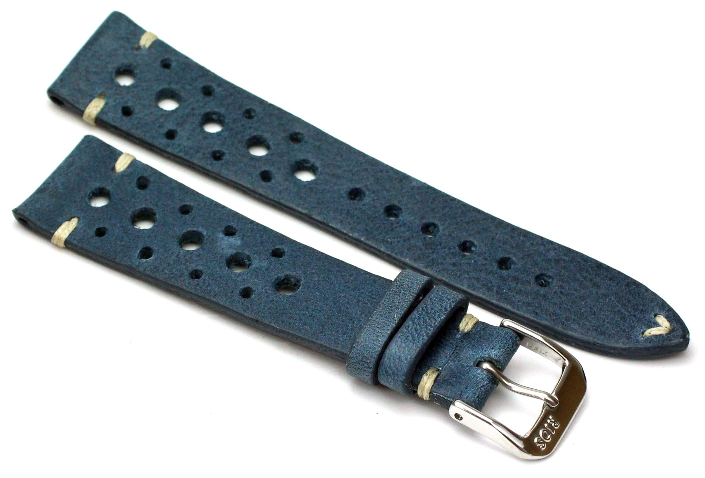 RIOS1931 Rallye Vintage Rindsleder Uhrenarmband handgemacht in Deutschland 20mm blau
